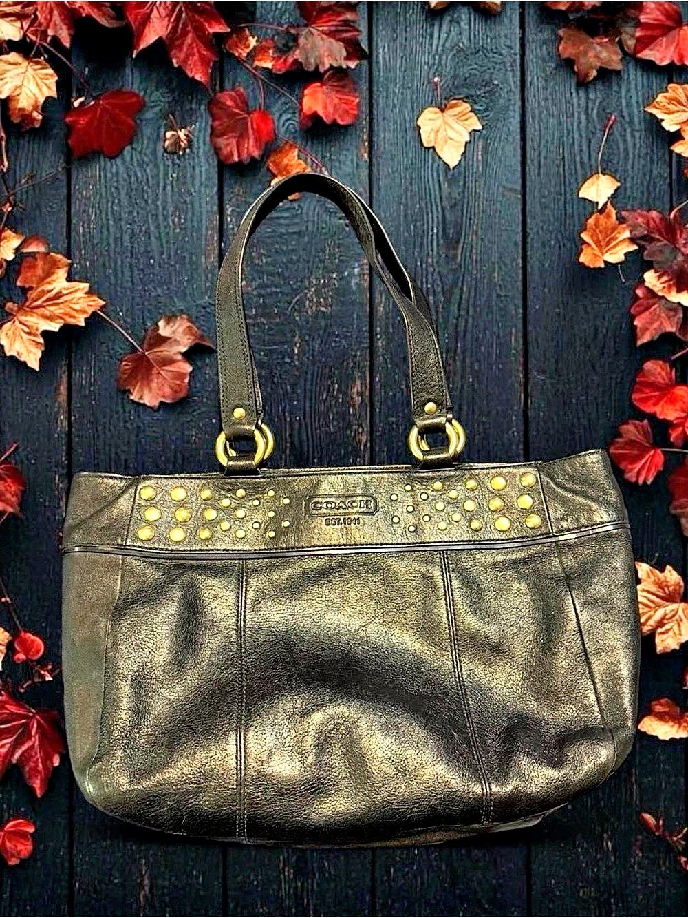 Coach Leather Tote in Black & Gold